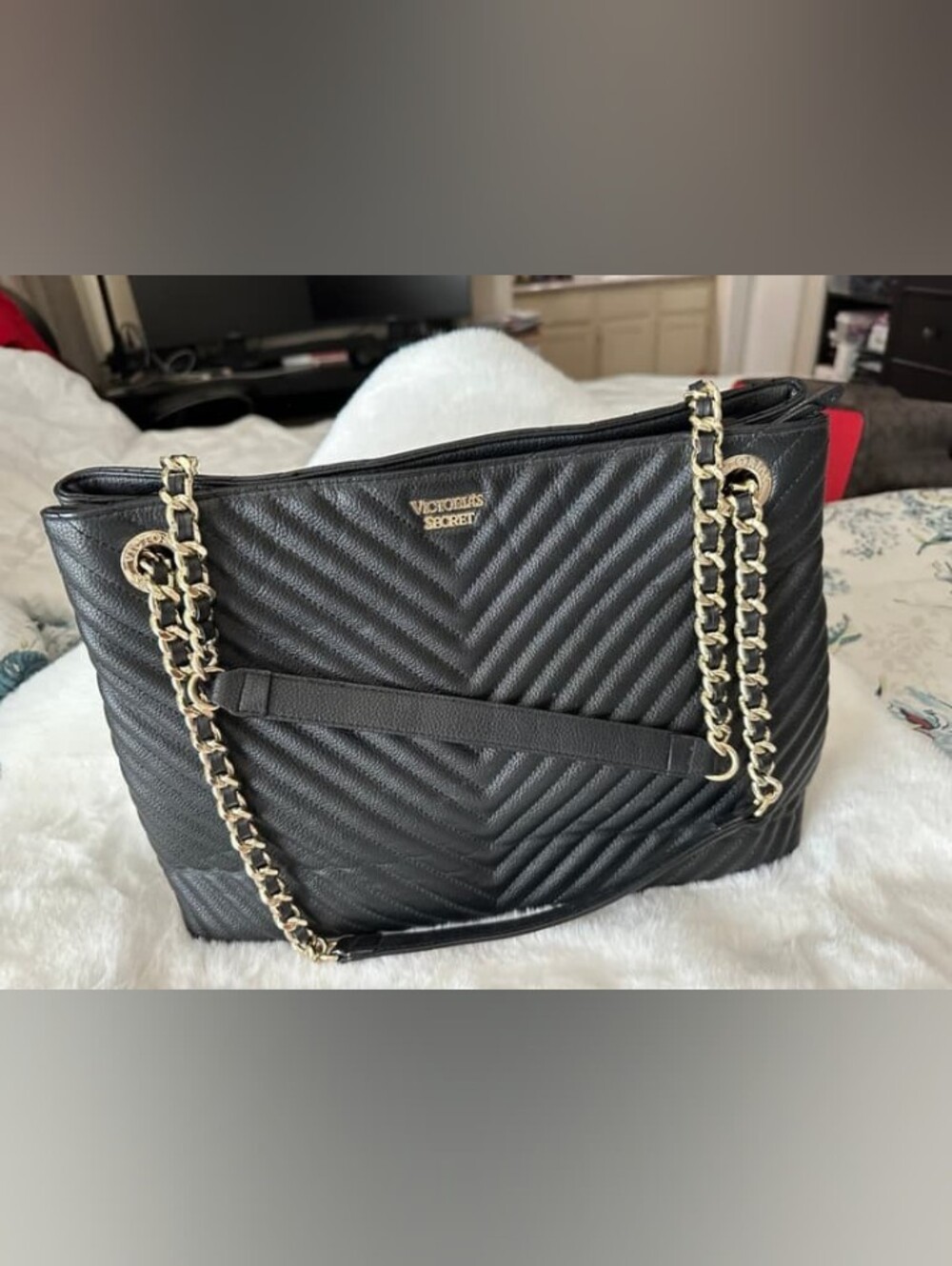 Victoria's Secret Black Quilted Tote with Gold Chain Handles